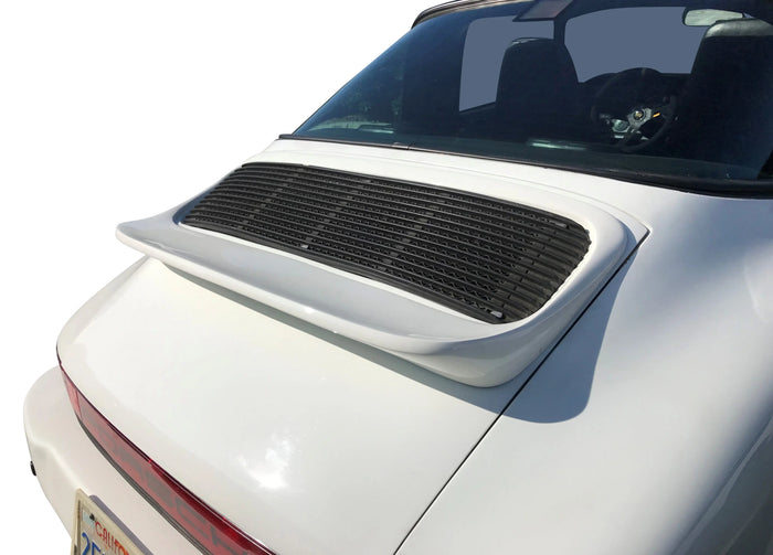 Fiberglass Porsche 911 Singer-style ducktail wing rear spoiler on a sports car, designed by BetterBodies Motorsport.