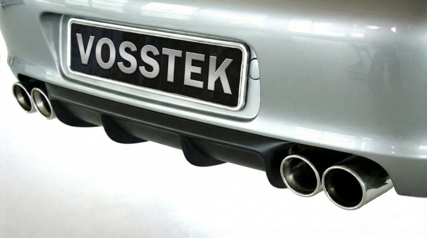 Porsche 997.1 rear diffuser in RUF/Strosek style polyurethane for Carrera and 4S models, shown with license plate.