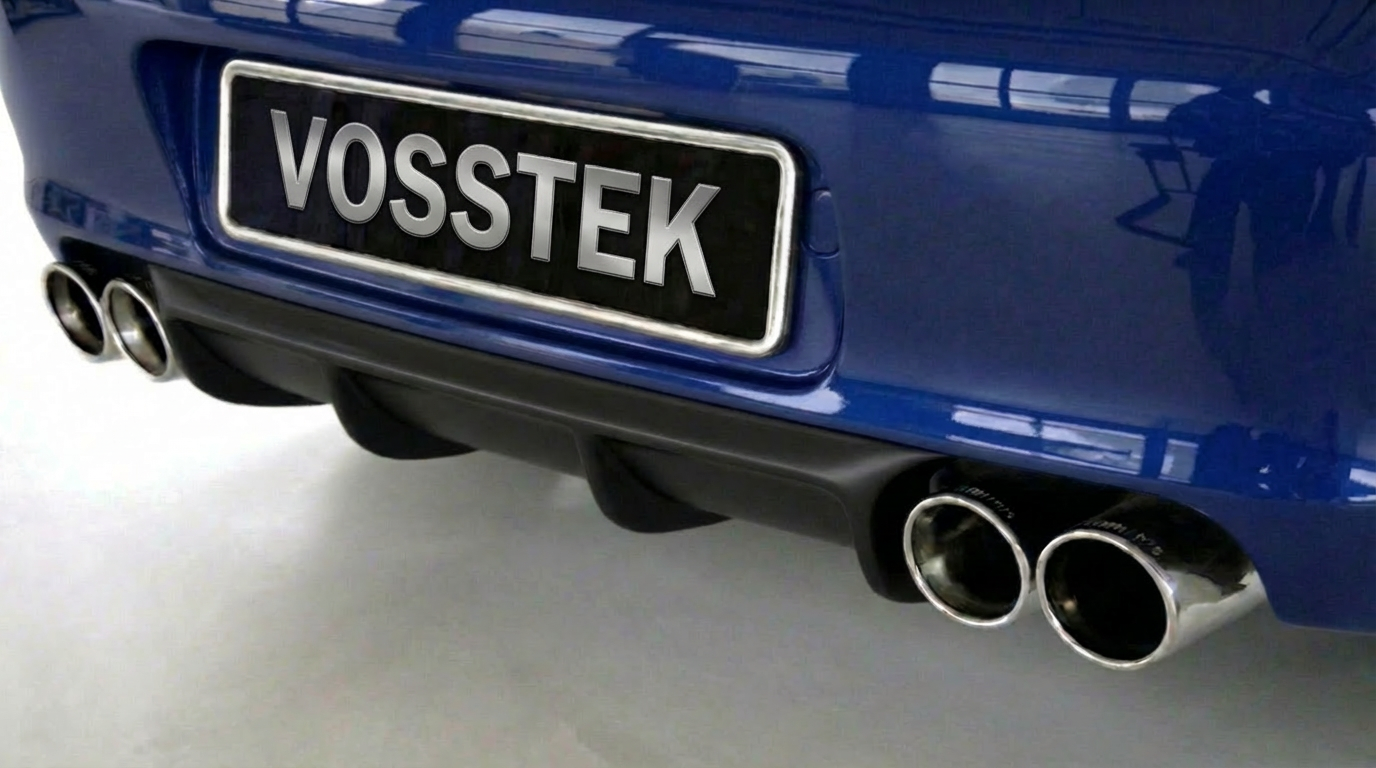 Porsche 997.1 Carrera 4S rear diffuser in RUF/Strosek style polyurethane, shown with license plate, by BetterBodies Motorsport