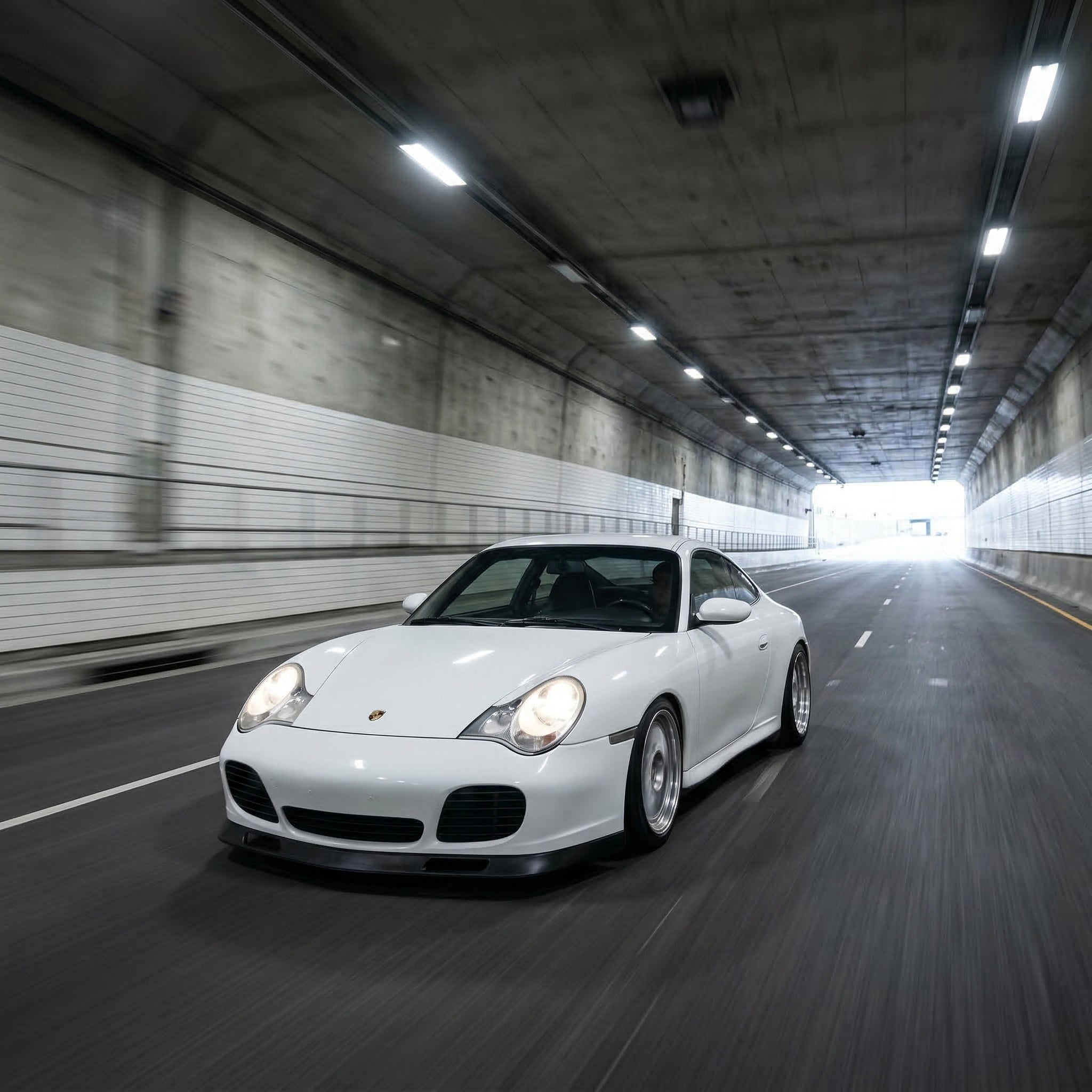 White Porsche 996 Turbo front lip spoiler by BetterBodies Motorsport, racing style upgrade for 1999-2004 Porsche 996 Turbo bumper enhancement.